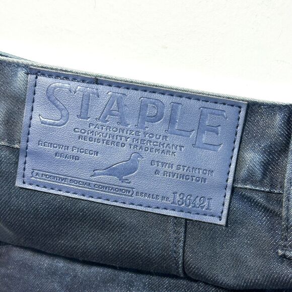 Staple Dark Denim Jeans Mens 35 x 34 Tapered Factory Distressed NWT - Picture 10 of 10